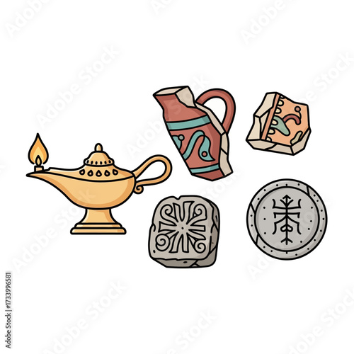 Set of Ancient Mythological Artifacts and Archaeological Treasures.
