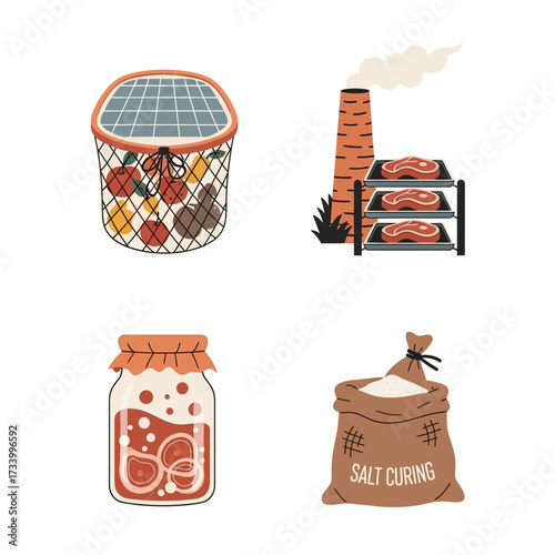 Set of Food Preservation and Curing Methods Illustrations.