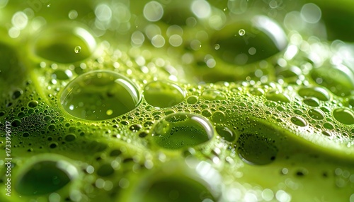Close-up view of vibrant green bubbles and foam, showcasing intricate textures and light reflections.