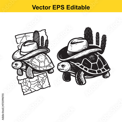 Two cowboy turtles with cowboy hats and cacti isolated on white background