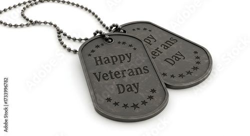 Silver dog tags with engraved message remembering veterans’ sacrifice and duty