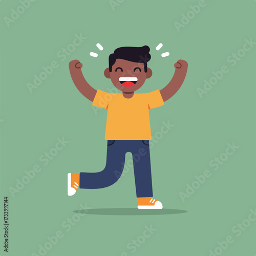 Joyful person with arms raised in celebration, running with glee