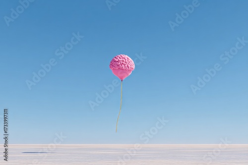 Bright pink balloon floats against clear blue sky, creating whim