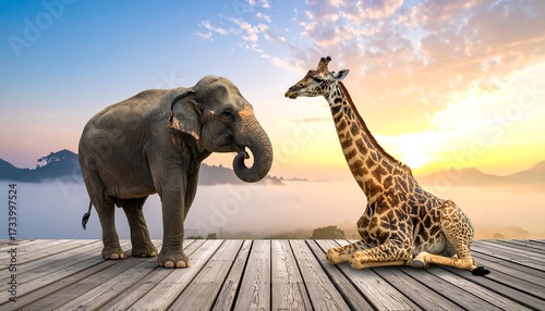 Majestic elephants and giraffes in a tranquil sunrise landscape