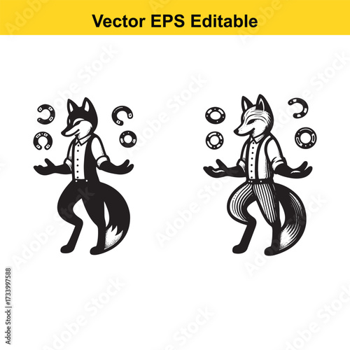 Juggling fox character in black and white isolated on white background