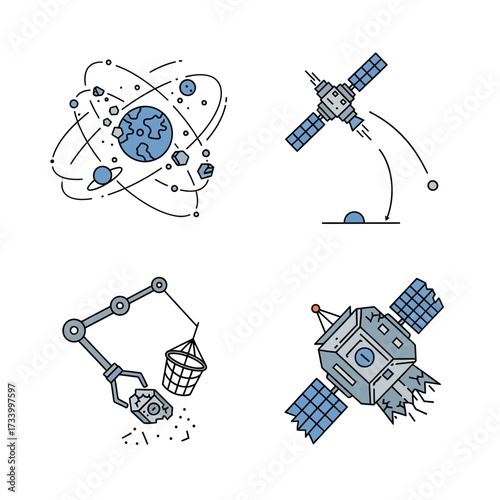 Set of four space and science themed line art illustrations.