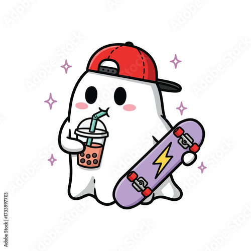 Cute ghost cartoon character with skateboard and bubble tea vector illustration for Halloween isolated on white background
