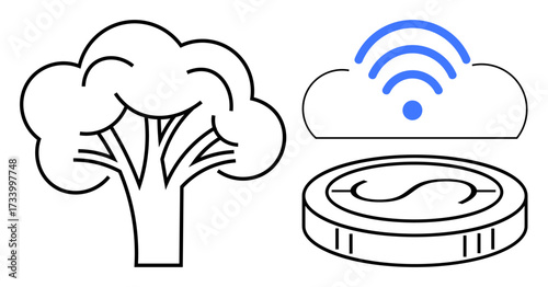 Tree, cloud with wireless signal, and digital coin highlight themes of sustainability, digital innovation, connectivity, and eco-friendly technology. Ideal for tech, finance, environment