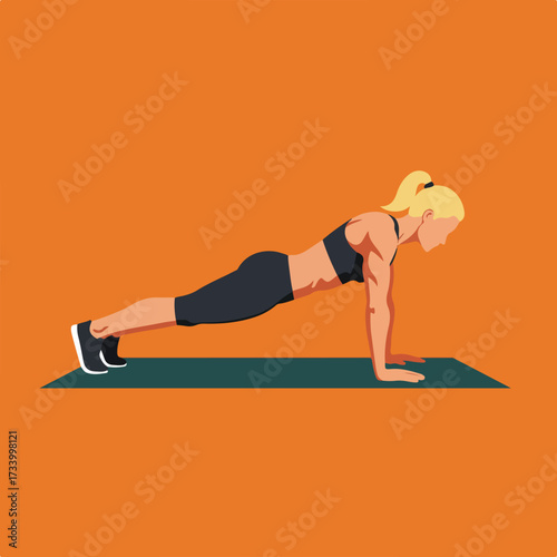 Fit woman performs push-up on mat, orange background