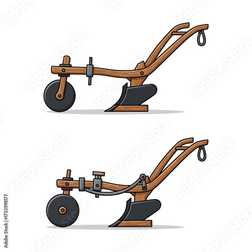 Set of vintage wooden agricultural plows illustration.