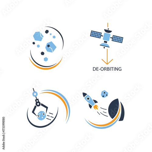 Space Debris Removal and Satellite De-orbiting Technology Icons Set.