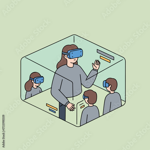 Diverse group of people wearing VR headsets interact in a virtual space