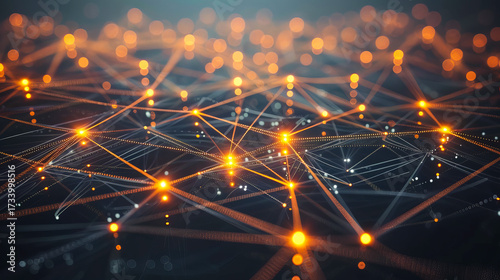 Abstract digital network connections glowing with orange lights and intricate geometric lines representing data flow and technology