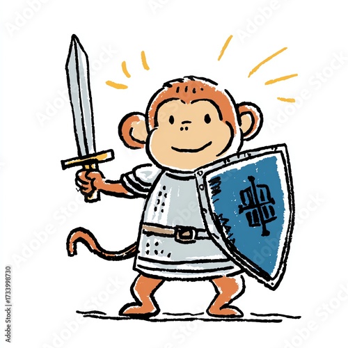 A cheerful monkey, dressed as a knight, bravely holding a sword and a shield.