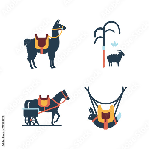 Vector Icon Set of Domesticated Working Animals.