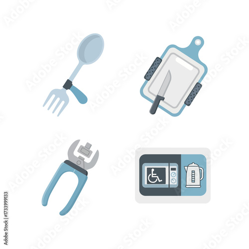 Vector icons of adaptive kitchen and eating aids.