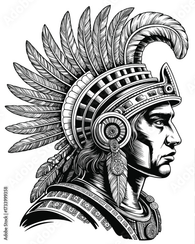 Ornate Aztec Headdress in Dramatic Woodcut Illustration