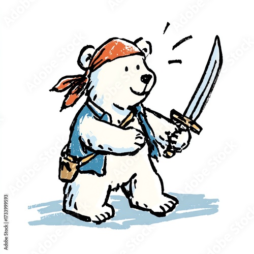 Cute polar bear dressed as pirate with a bandana and sword, cartoon style image.