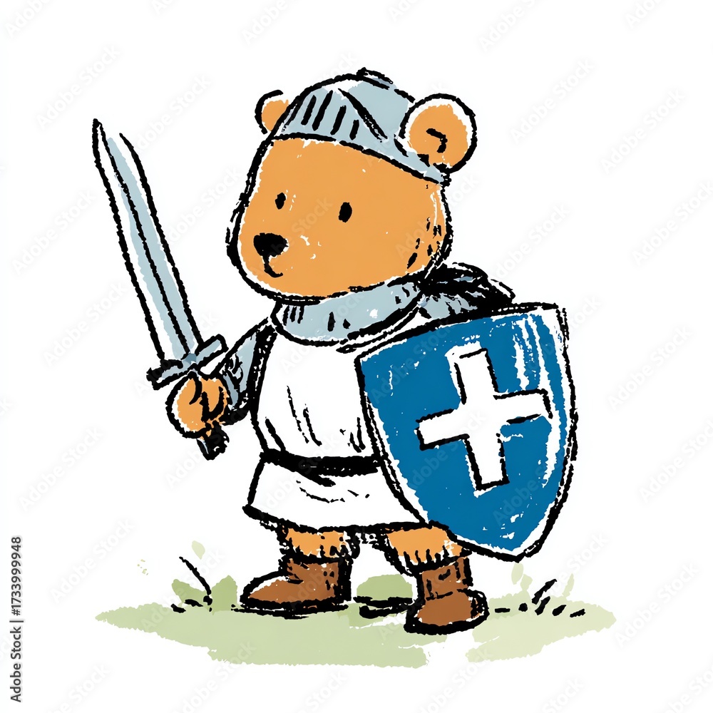 Obraz premium A brave bear knight stands ready for adventure, shield raised and sword in paw.