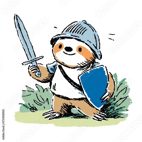 A brave sloth, clad in armor, poses confidently, wielding sword and holding shield.