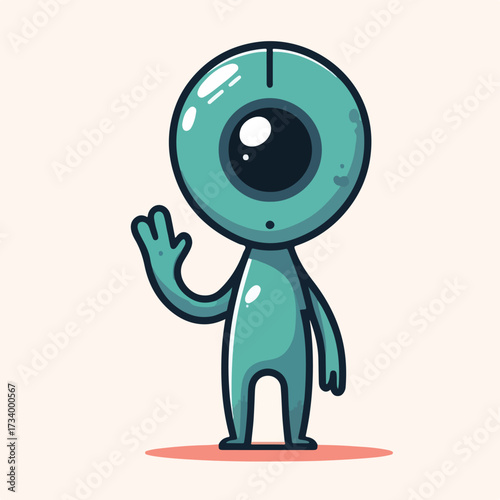 One-eyed alien standing while waving his hand with a simple and minimalist flat design using a white background.
