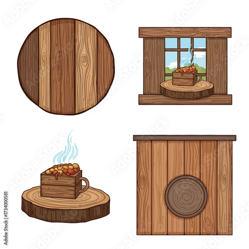 Wooden elements set with sauna accessories and natural textures.