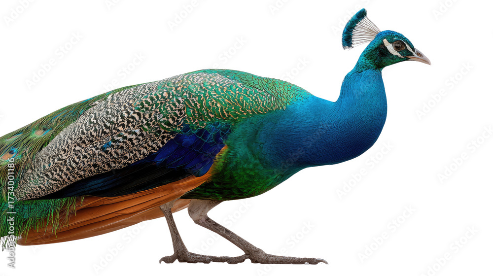 Fototapeta premium Majestic Peacock in Profile: A stunning peacock displays its iridescent plumage, showcasing nature's artistic flair, this image celebrates the animal's regal beauty and vibrant colors.
