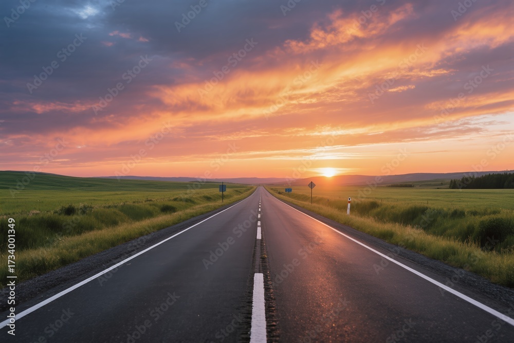 Naklejka premium A stunning sunset illuminates a straight road stretching into the horizon, framed by lush green fields.