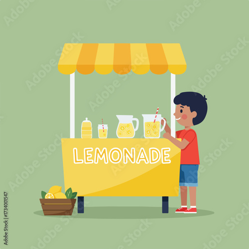 Young boy proudly serves refreshing lemonade from his colorful stand