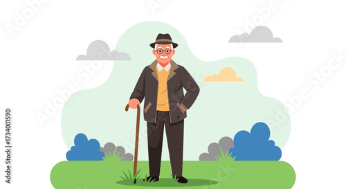 Charming illustration of a senior man with a walking stick enjoying the scenery outdoors