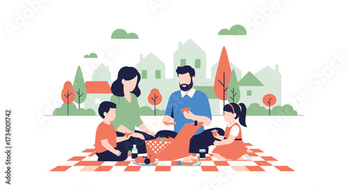 Cheerful family enjoying a picnic in the park with a picturesque village backdrop illustration