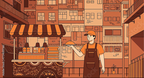Charming illustration of a street food vendor in a vibrant urban scene showcasing cultural richness