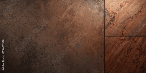 Rich coppery bronze patina metal background displaying weathered oxidized texture and distinct rectangular tiles, conveying vintage industrial elegance.
