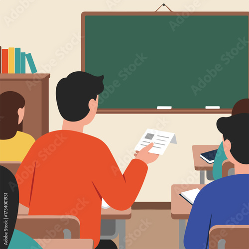 Students in a classroom with a blackboard, books on shelves, and desks