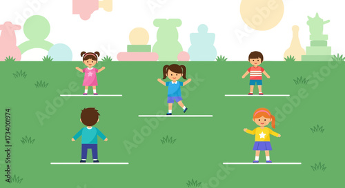 Children maintain social distance in a park scene for health and safety guidelines concept