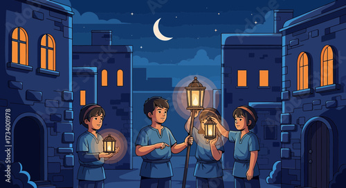 Children celebrating Ramadan in a vintage city with glowing lanterns under the moonlight Ramadan