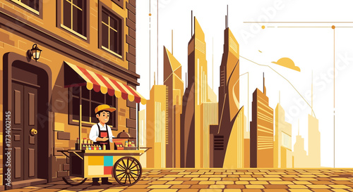 City vendor offers goods with vintage charm against a modern metropolis backdrop