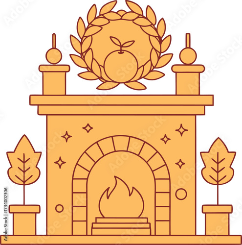 Cozy Fireplace Scene with Mantel Decorated for Autumn and Holiday Season Vector illustration