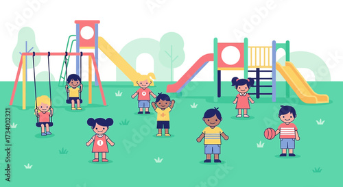 Colorful illustration showcasing diverse children joyfully playing in a vibrant playground setting