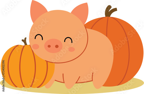 Cute Piglet Rolling Happily in a Pile of Fresh Straw Farm Animal Vector illustration
