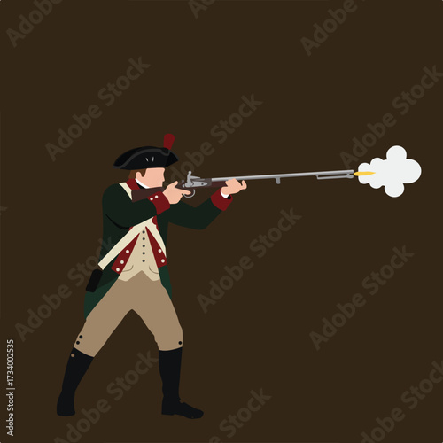 Soldier in colonial attire fires a musket, emitting smoke and a projectile