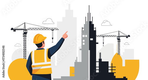 Construction worker overseeing a building project with cranes and city skyline depicted in vector