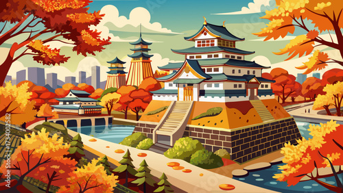 very beautiful Autumn leaves of Osaka Castle, Japan,Osaka Prefecture,Osaka,Chuo-ku