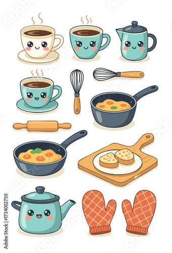 Adorable kawaii cartoon kitchen items with smiling faces: coffee cups, teapot, whisk, pans, rolling pin, toast, kettle, mitts.