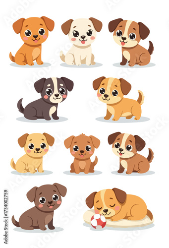 Adorable cartoon puppies in various colors and poses, sitting with joyful, tongue-out expressions.
