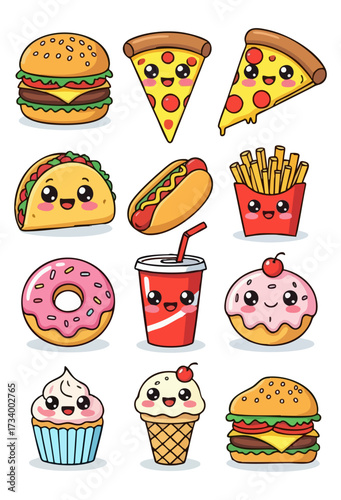 Adorable kawaii cartoon fast food icons with smiling faces: burgers, pizza, tacos, hotdogs, fries, donuts, soda, cupcakes, ice cream.