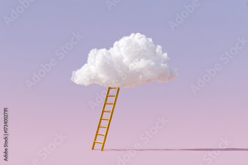 Fluffy cloud balanced on ladder against soft pastel backdrop evo