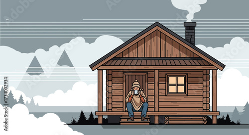Cozy cabin retreat: a man enjoys a warm drink amidst a serene winter landscape offering peace