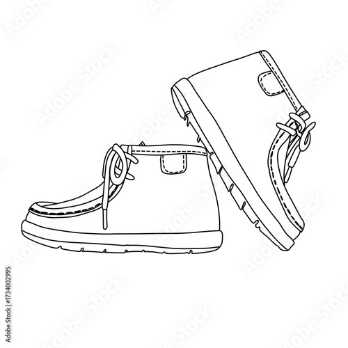 A minimalist black and white line art illustration of two chukka boots, one standing upright and the other leaning against it, showcasing their laces and stitching.