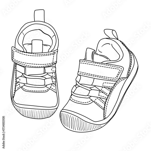 Outline illustration of a pair of baby shoes with hook and loop straps and laces, showcasing a simple and clean design.